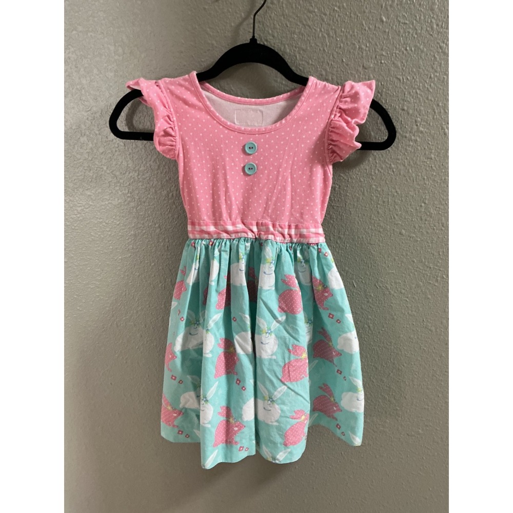 Eleanor Rose Girls Rhonda Dress Pink Polka Dot Bunny Print Spring Easter 6-7